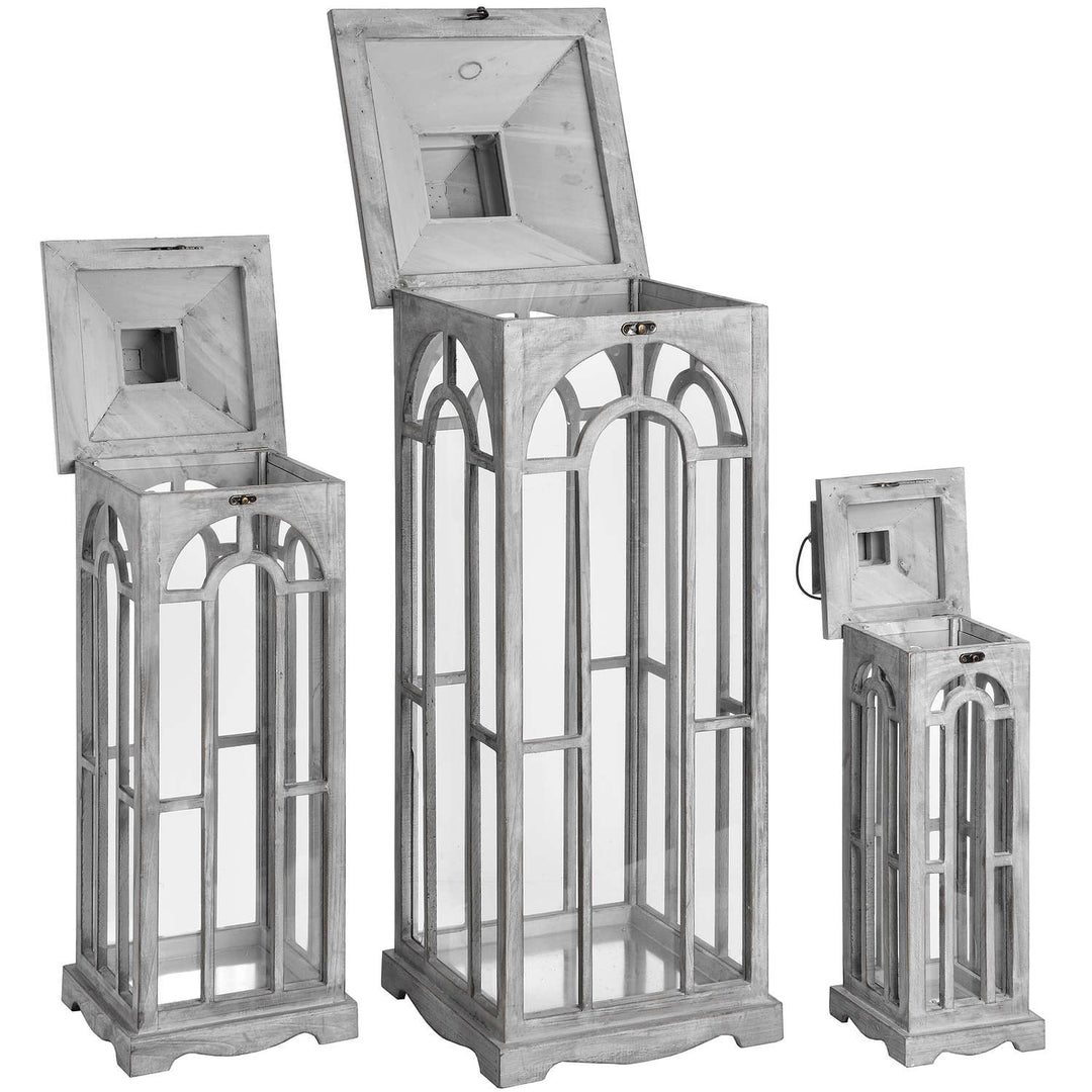 Set Of Three Wooden Lanterns With Archway Design - 17461