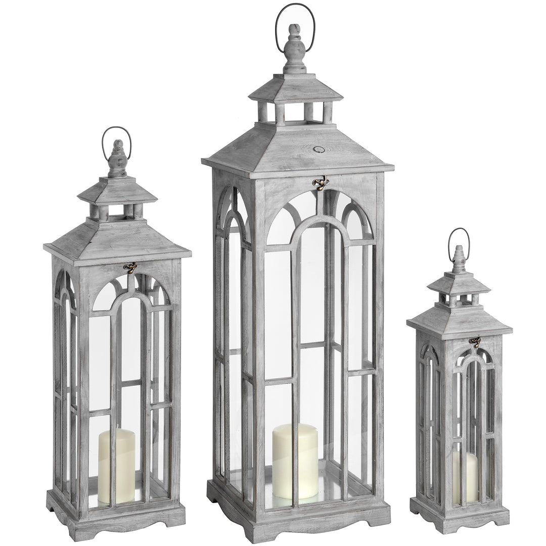 Set Of Three Wooden Lanterns With Archway Design - 17461