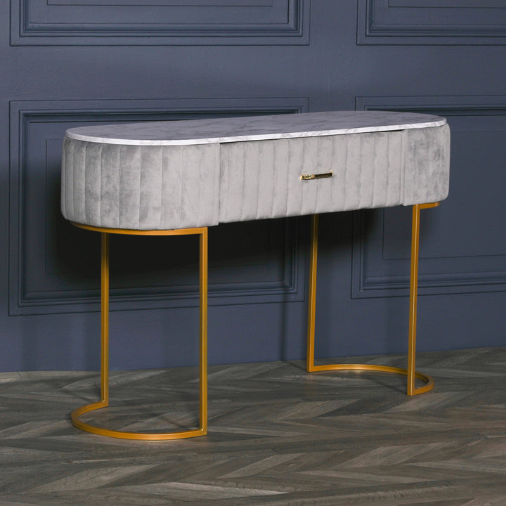 GREY UPHOLSTERED DRESSING TABLE WITH GOLD LEGS