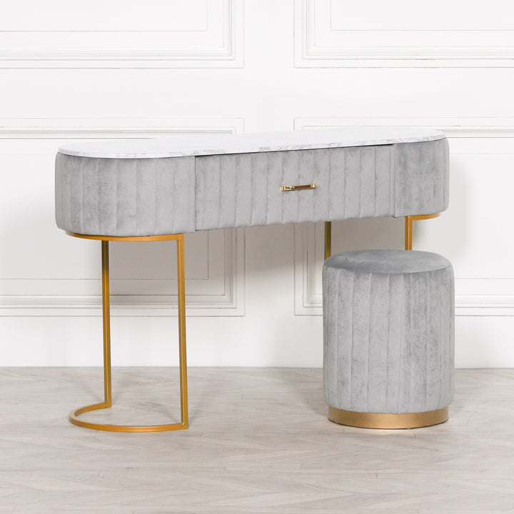 GREY UPHOLSTERED DRESSING TABLE WITH GOLD LEGS