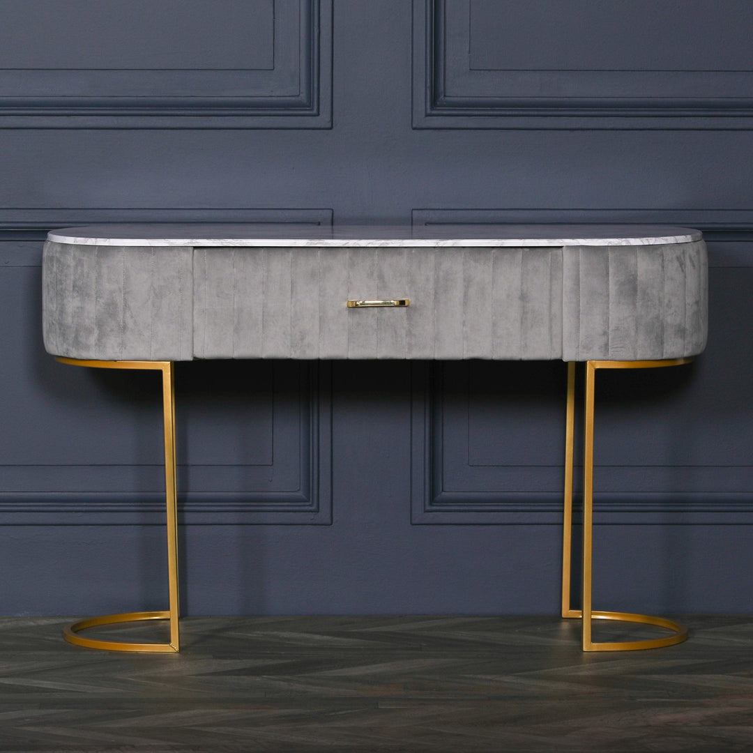 GREY UPHOLSTERED DRESSING TABLE WITH GOLD LEGS