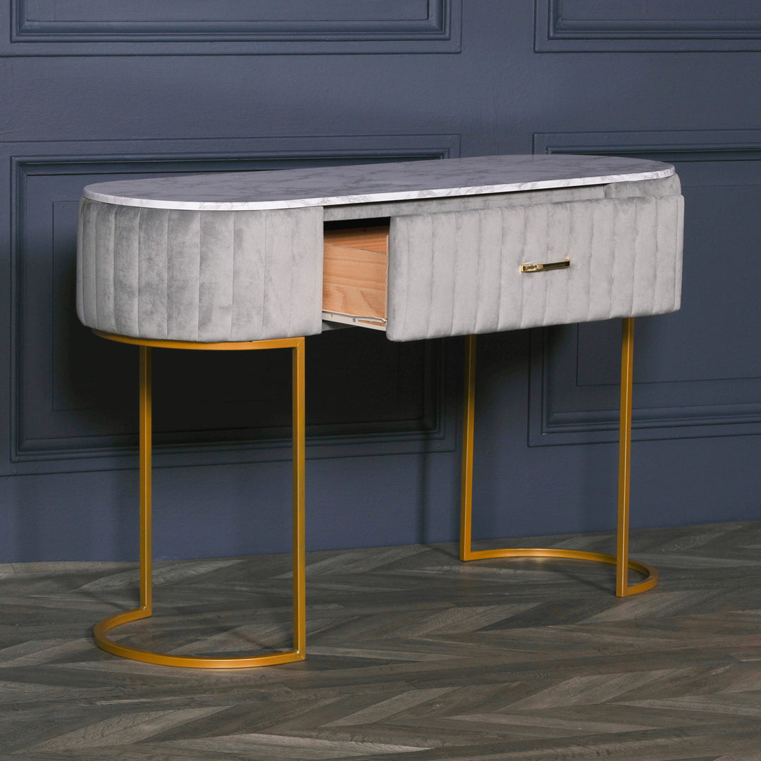 GREY UPHOLSTERED DRESSING TABLE WITH GOLD LEGS