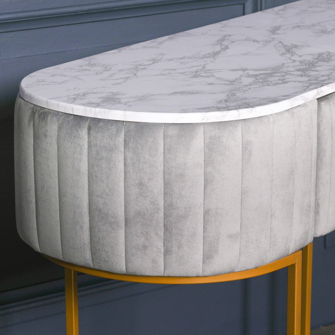 GREY UPHOLSTERED DRESSING TABLE WITH GOLD LEGS