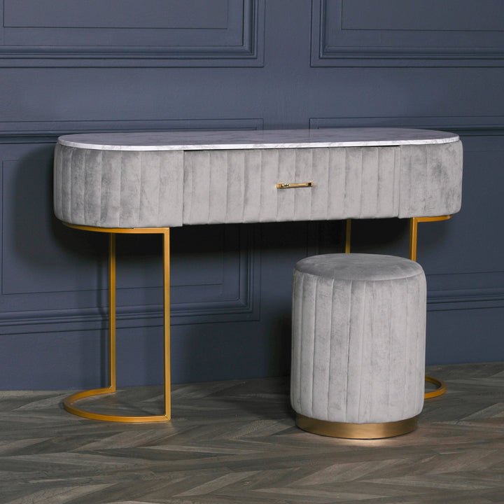 GREY UPHOLSTERED DRESSING TABLE WITH GOLD LEGS