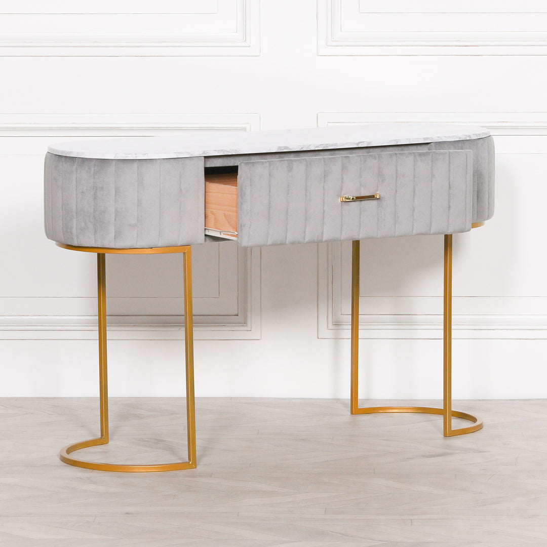 GREY UPHOLSTERED DRESSING TABLE WITH GOLD LEGS