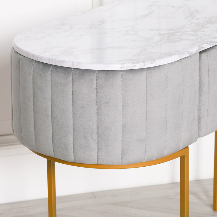 GREY UPHOLSTERED DRESSING TABLE WITH GOLD LEGS